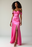 Simple Satin Fuchsia Off The Shoulder Sheath Prom Dress with Slit