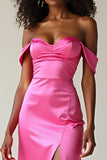 Simple Satin Fuchsia Off The Shoulder Sheath Prom Dress with Slit