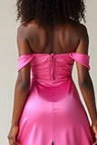 Simple Satin Fuchsia Off The Shoulder Sheath Prom Dress with Slit