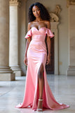 Elegant Off The Shoulder Pink Satin Long Formal Dress with Slit