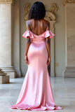 Elegant Off The Shoulder Pink Satin Long Formal Dress with Slit