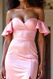 Elegant Off The Shoulder Pink Satin Long Formal Dress with Slit