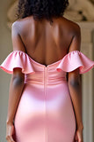 Elegant Off The Shoulder Pink Satin Long Formal Dress with Slit