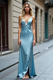 Light Blue Satin V Neck Sheath Ruched Long Formal Dress with Slit