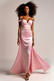 Pink Satin Off the Shoulder Long Formal Dress with Slit