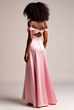 Pink Satin Off the Shoulder Long Formal Dress with Slit