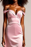 Pink Satin Off the Shoulder Long Formal Dress with Slit