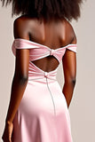 Pink Satin Off the Shoulder Long Formal Dress with Slit