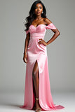 Pink Off the Shoulder Sheath Satin Ruched Formal Dress with Slit