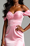 Pink Off the Shoulder Sheath Satin Ruched Formal Dress with Slit