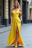 Yellow A Line Off the Shoulder Long Formal Dress with Slit