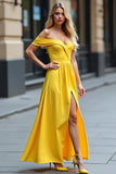 Yellow A Line Off the Shoulder Long Formal Dress with Slit