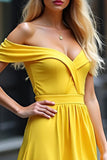 Yellow A Line Off the Shoulder Long Formal Dress with Slit