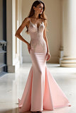 Pink Mermaid Satin Backless Formal Dress with Lace Appliques