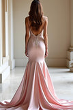 Pink Mermaid Satin Backless Formal Dress with Lace Appliques