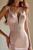 Pink Mermaid Satin Backless Formal Dress with Lace Appliques