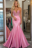 Sweetheart Mermaid Beaded Satin Pink Formal Dress