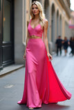 Fuchsia A Line Satin V Neck Cut Out Formal Dress