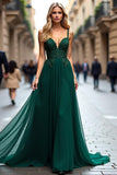 Dark Green A Line Tulle Long Formal Dress with Lace Appliques