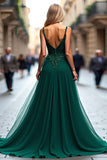 Dark Green A Line Tulle Long Formal Dress with Lace Appliques