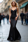 Simple Black Satin Mermaid Backless Long Formal Dress