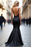 Simple Black Satin Mermaid Backless Long Formal Dress