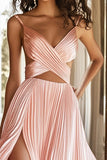 A Line Pink Pleated V Neck Formal Dress with Slit