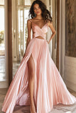 A Line Pink Pleated V Neck Formal Dress with Slit