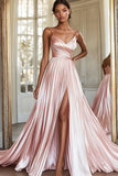 Satin Pleated Pink V Neck A Line Formal Dress with Slit