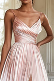 Satin Pleated Pink V Neck A Line Formal Dress with Slit