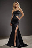 Strapless Black Satin Mermaid Formal Dress with Slit