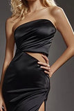 Strapless Black Satin Mermaid Formal Dress with Slit