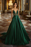 Dark Green A Line Lace V Neck Satin Long Formal Dress