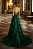 Dark Green A Line Lace V Neck Satin Long Formal Dress