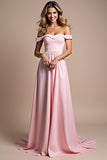 Pink A Line Chiffon Off the Shoulder Long Bridesmaid Dress