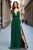 Dark Green Pleated A Line V Neck Chiffon Bridesmaid Dress with Slit