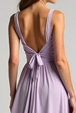 Lilac Chiffon A Line Ruched V Neck Bridesmaid Dress with Back Tie