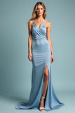 Dusty Blue Satin Sheath V Neck Cut Out Bridesmaid Dress with Slit