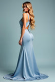 Dusty Blue Satin Sheath V Neck Cut Out Bridesmaid Dress with Slit