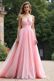 Chic Pink A Line Pleated Chiffon V Neck Bridesmaid Dress