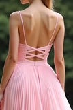 Chic Pink A Line Pleated Chiffon V Neck Bridesmaid Dress