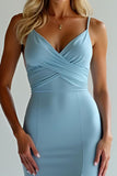 Dusty Blue V Neck Satin Sheath Long Bridesmaid Dress with Slit