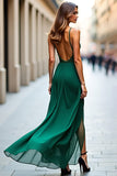 Dark Green Chiffon Ruched Slit Backless Bridesmaid Dress with Appliques