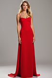 Red Sheath Satin Spaghetti Straps Long Bridesmaid Dress