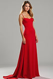 Red Sheath Satin Spaghetti Straps Long Bridesmaid Dress