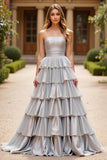 Taffeta Silver A Line Long Prom Dress with Ruffles