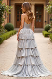 Taffeta Silver A Line Long Prom Dress with Ruffles