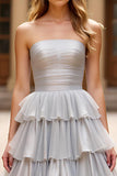 Taffeta Silver A Line Long Prom Dress with Ruffles