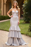 Satin Silver Long Mermaid Sweetheart Prom Dress with Ruffles