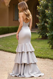 Satin Silver Long Mermaid Sweetheart Prom Dress with Ruffles